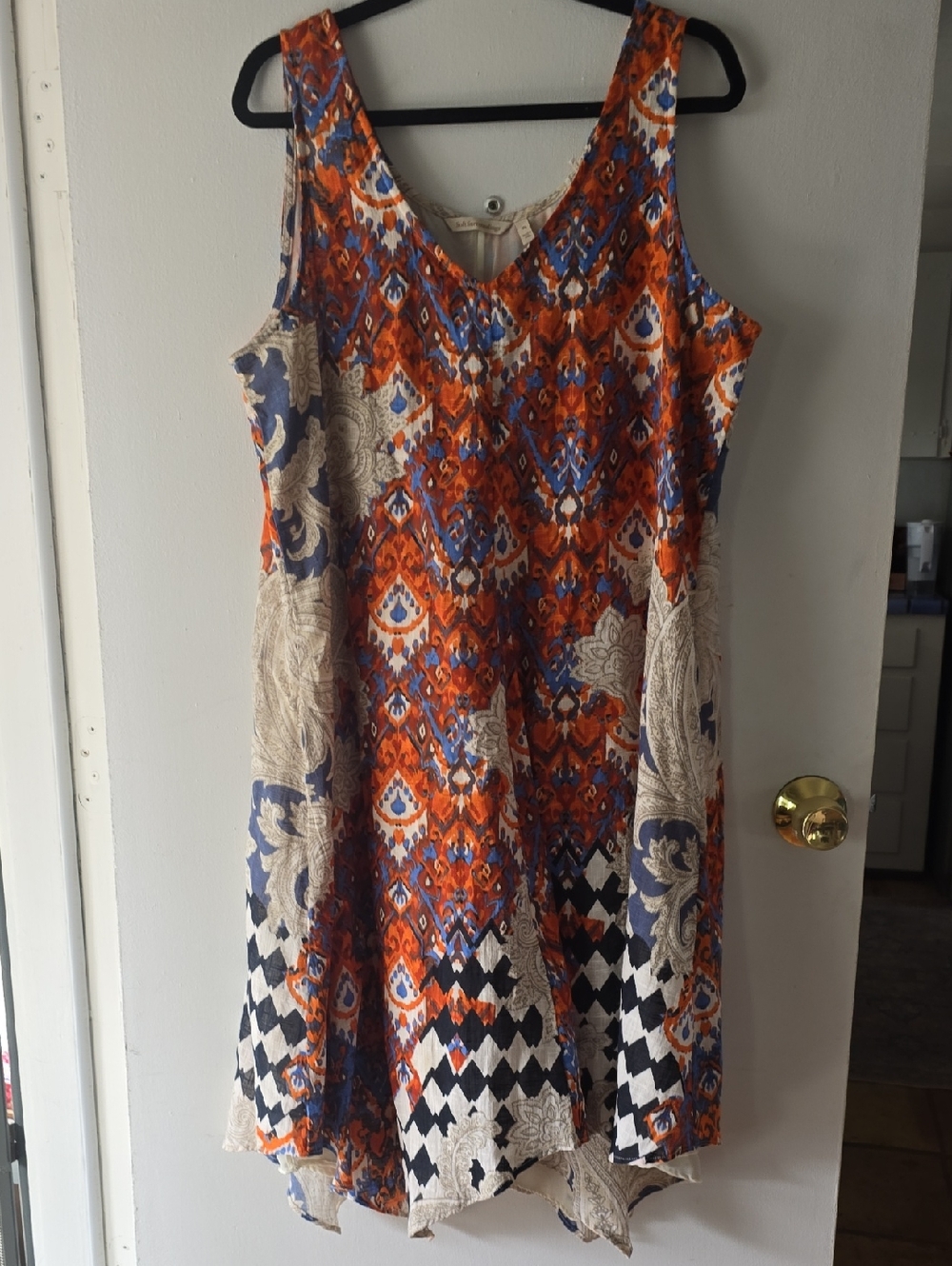 Soft Surroundings Orange, Blue & Cream Printed Linen Midi Dress